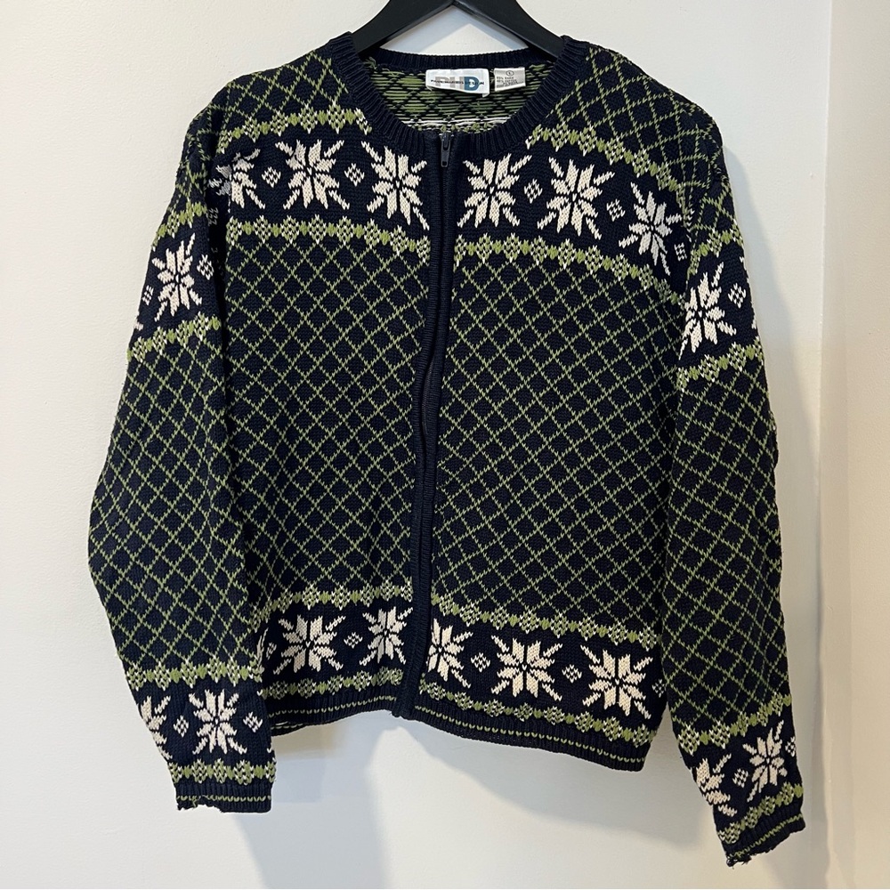 Paul Harris Design Ramie Blend Nordic Zip Cardigan Sweater L Green Navy